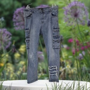 #1403 Focus Jeans Men's Blue Distressed Cargo Jeans